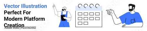 Two professionals interacting with a digital calendar, representing coordination, teamwork, and scheduling tasks. Ideal for planning, time management, collaboration, workplace strategy, business
