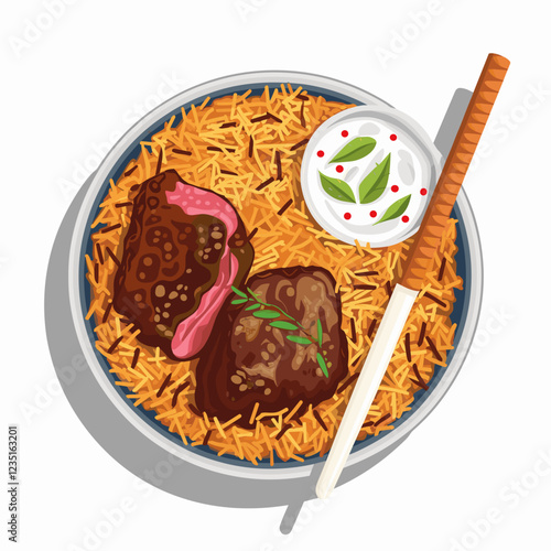 Hyderabadi Biryani Bowl with Meat and Garnishes – Vector Illustration