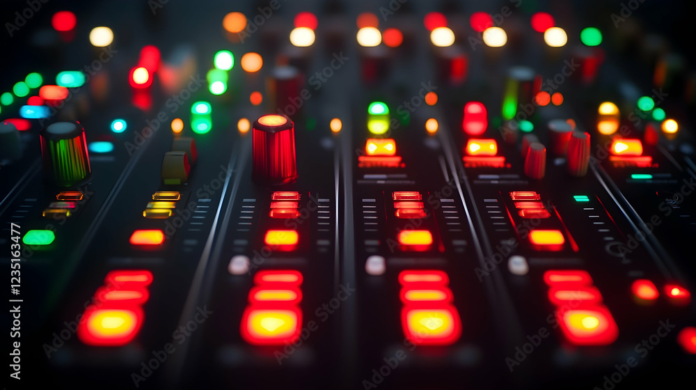Audio mixing console in a recording studio with control sliders and buttons 16:9 - Image #2 @fme39856 Audio mixing console in a recording studio with control sliders and buttons 16:9 - Image #2 @fme39856