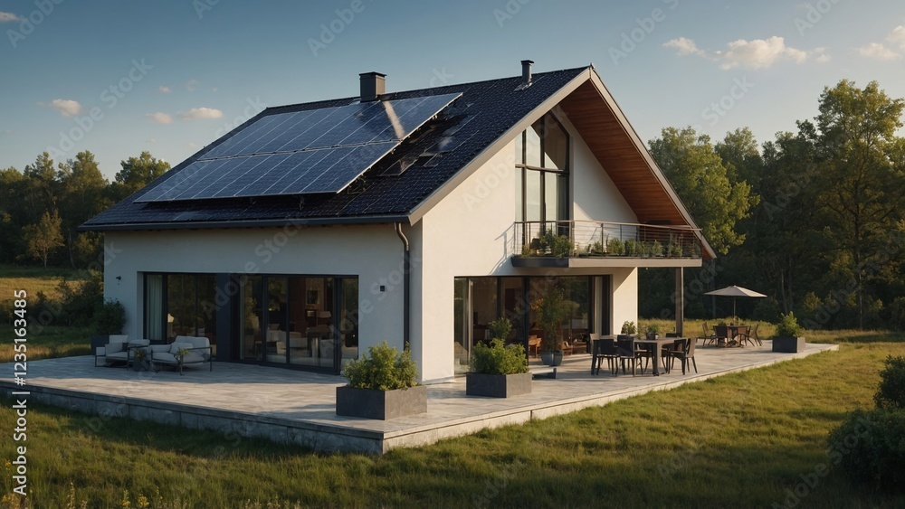 A modern, energy-efficient home with sleek solar panels on its roof blends contemporary architecture with sustainable living, offering a stylish and eco-friendly lifestyle surrounded by nature A modern, energy-efficient home with sleek solar panels on its roof blends contemporary architecture with sustainable living, offering a stylish and eco-friendly lifestyle surrounded by nature