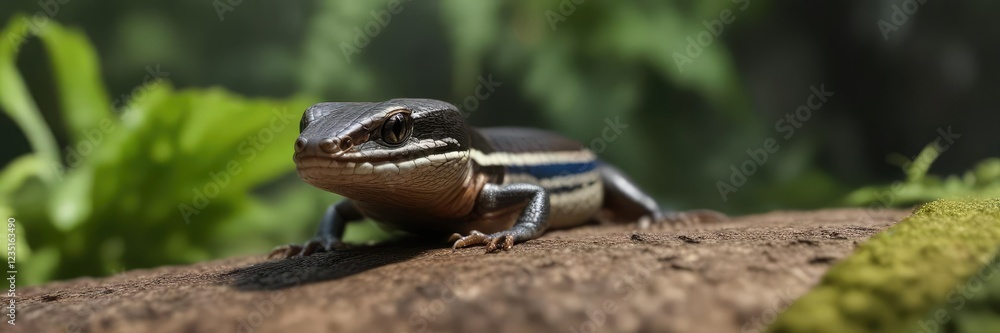 Naklejka premium Five-lined skink perched on a leaf, gazing at the camera with interest, Raleigh, reptile
