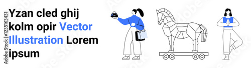 Woman holding an item, a wheeled wooden horse symbolizing strategy, and a meditating person. Ideal for creativity, mindfulness, productivity, strategy, balance, innovation flat landing page banner