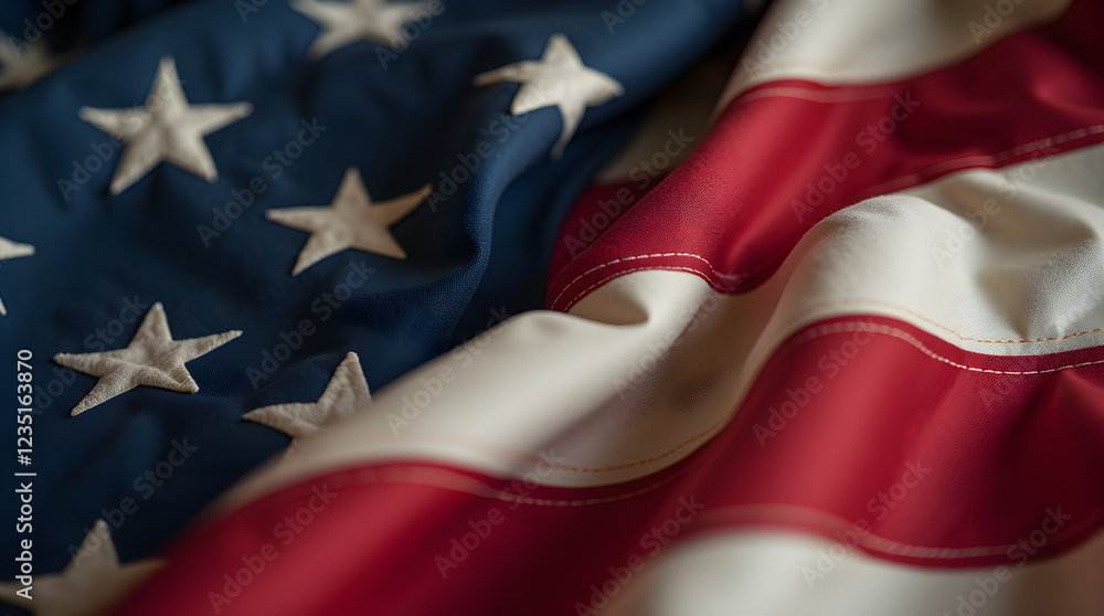 Close Up of Draped American Flag Red White Blue Stars Stripes Patriotic Fabric Texture Background Image Close Up of Draped American Flag Red White Blue Stars Stripes Patriotic Fabric Texture Background Image