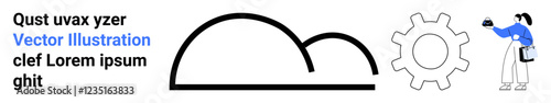 Minimalist cloud icon, large gear shape, and a person with tools adjusting or fixing components. Ideal for technology, cloud computing, maintenance, innovation, data, workflow automation flat