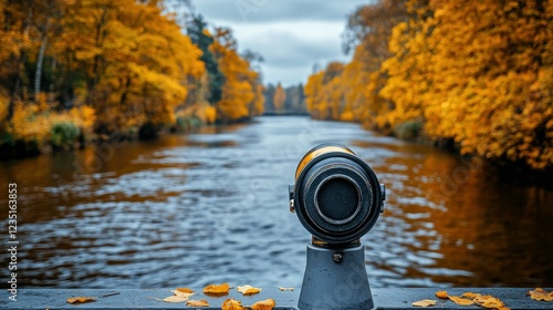 Autumn park river view through a telescope photo