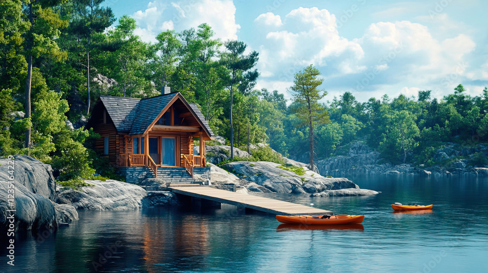 Obraz premium Discover a Charming and Inviting Lakeside Cabin Retreat Enveloped by Lush Green Forest