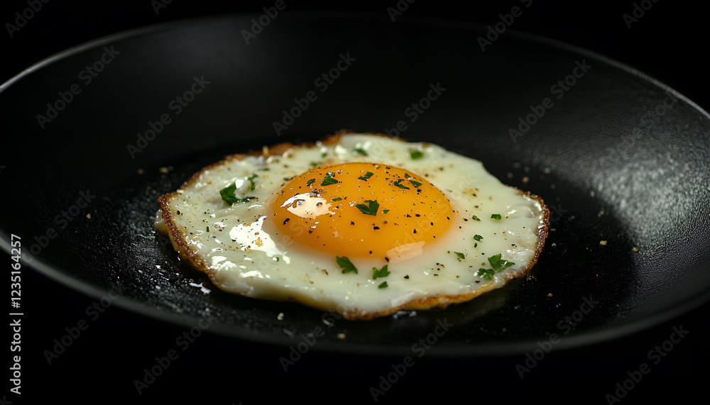 Fried egg. Close up view of the fried egg on a frying pan. Salted and spiced fried egg with parsley on cast iron pan and black background Fried egg. Close up view of the fried egg on a frying pan. Salted and spiced fried egg with parsley on cast iron pan and black background