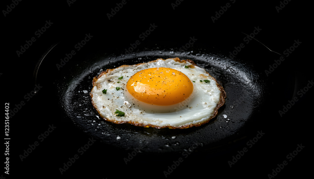 Fried egg. Close up view of the fried egg on a frying pan. Salted and spiced fried egg with parsley on cast iron pan and black background Fried egg. Close up view of the fried egg on a frying pan. Salted and spiced fried egg with parsley on cast iron pan and black background