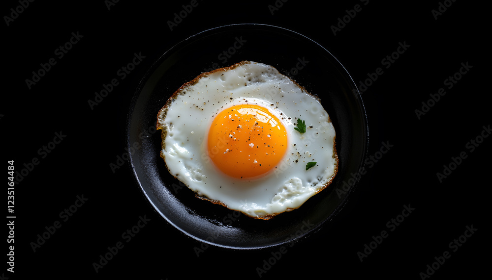 Fried egg. Close up view of the fried egg on a frying pan. Salted and spiced fried egg with parsley on cast iron pan and black background Fried egg. Close up view of the fried egg on a frying pan. Salted and spiced fried egg with parsley on cast iron pan and black background