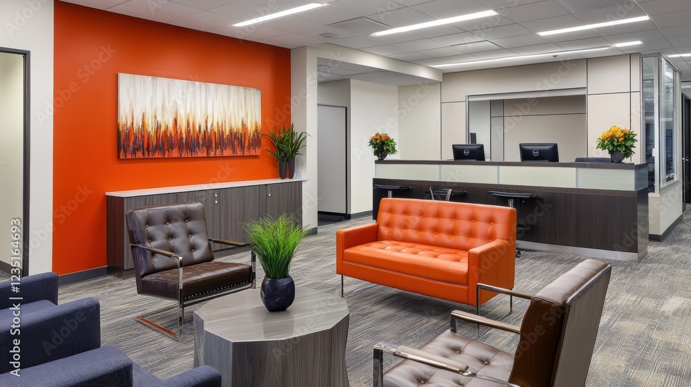 Fototapeta premium A modern office waiting area with a reception desk, comfortable seating, and artwork on the walls.