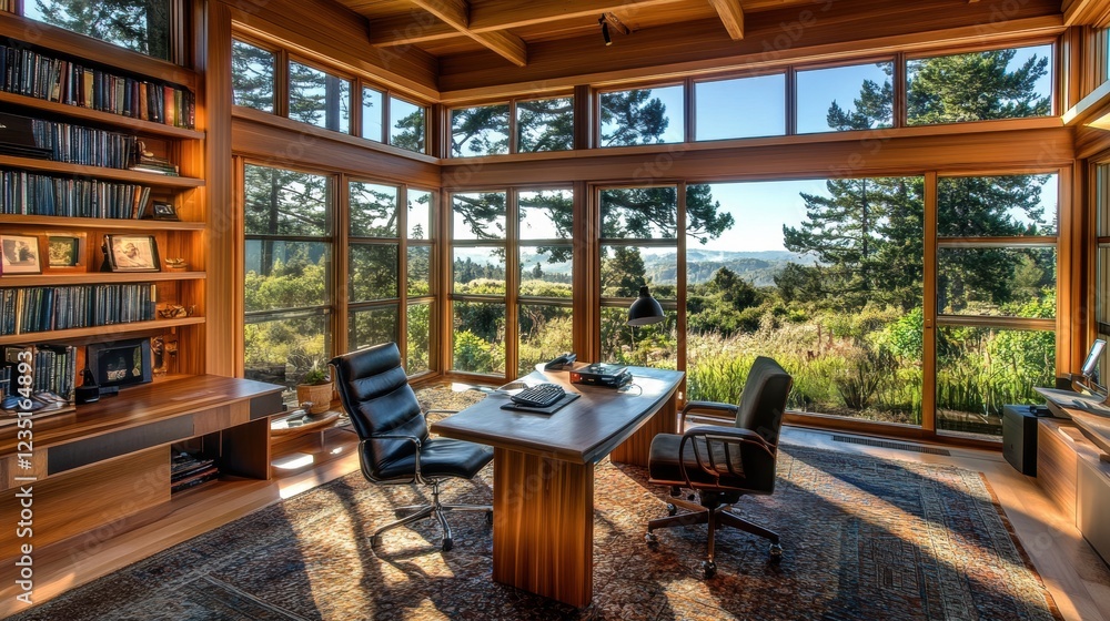 A modern home office with large windows overlooking a lush green landscape. A modern home office with large windows overlooking a lush green landscape.