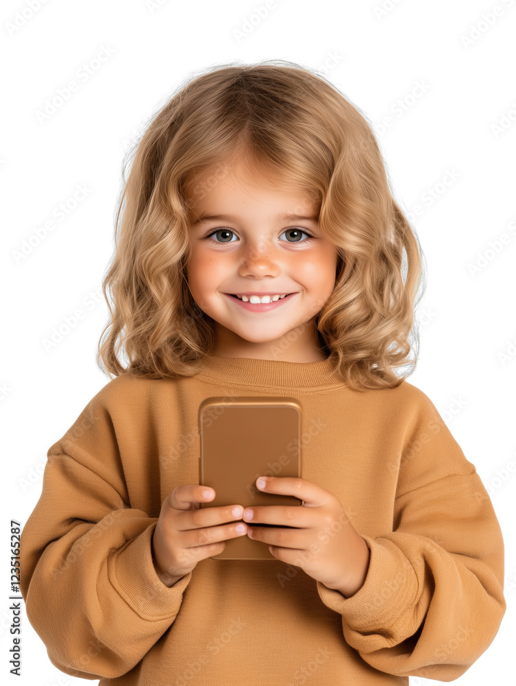Smiling child with curly hair holding smartphone in casual outfit against a transparent background Smiling child with curly hair holding smartphone in casual outfit against a transparent background