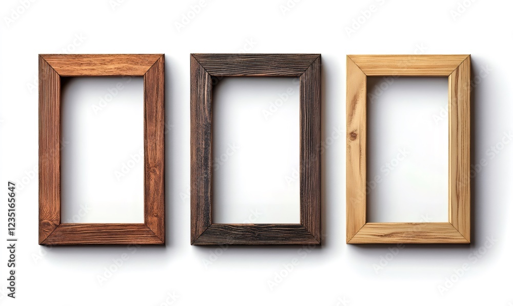 Three empty wooden picture frames with different wood finishes are hanging on a white wall, creating a stylish and minimalist display Three empty wooden picture frames with different wood finishes are hanging on a white wall, creating a stylish and minimalist display