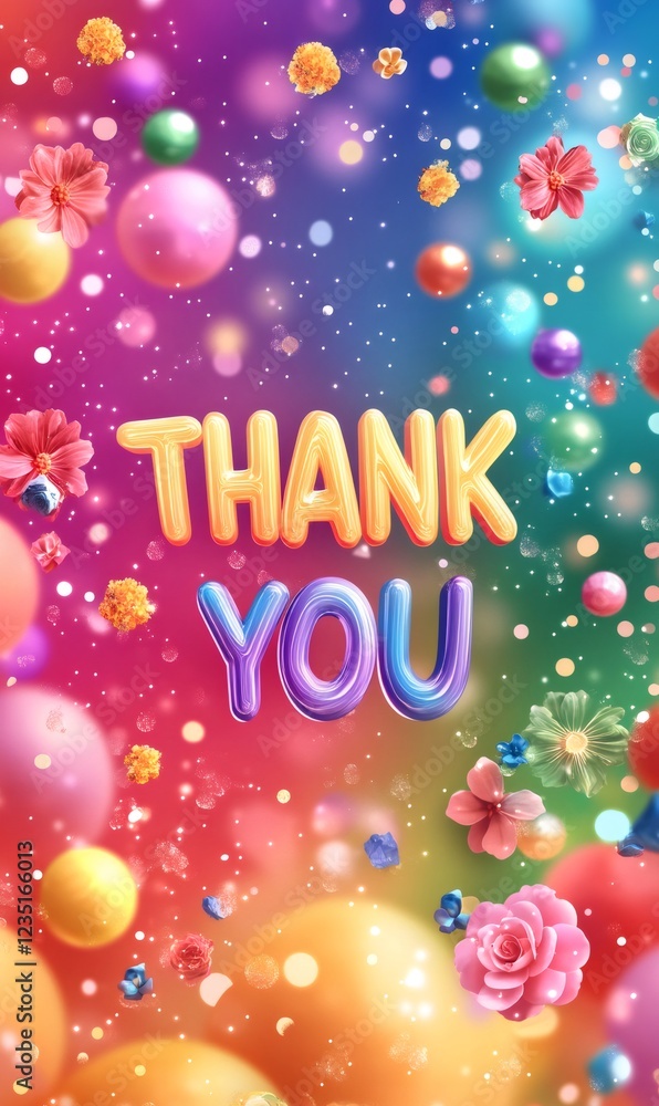 Colorful thank you message with floating flowers and spheres on a vibrant gradient background Colorful thank you message with floating flowers and spheres on a vibrant gradient background