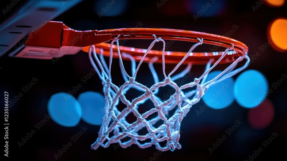 Basketball hoop net, shot in arena, vibrant lights, close up Basketball hoop net, shot in arena, vibrant lights, close up