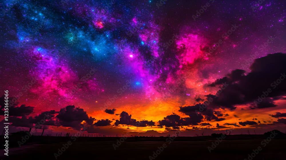 Vibrant sunset, starry night sky, field silhouette Vibrant sunset, starry night sky, field silhouette
