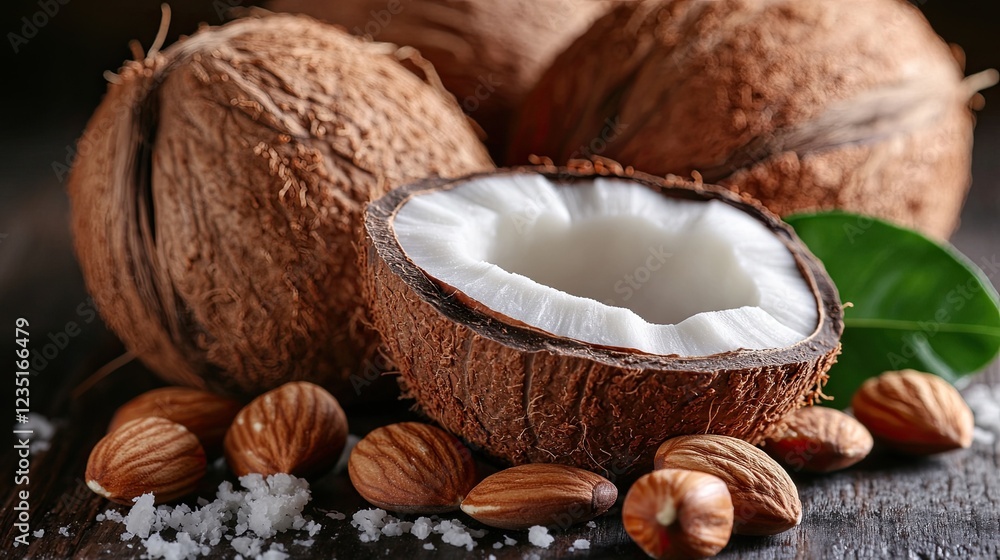 Assorted nuts: hazelnuts, almonds, and coconut. Assorted nuts: hazelnuts, almonds, and coconut.