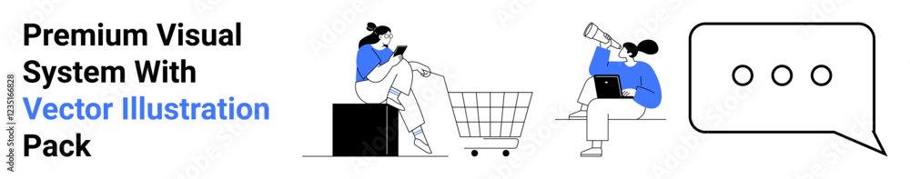 Two figures one sitting with a cart browsing on a phone and another with a laptop in a call-out speech bubble. Ideal for e-commerce, digital interaction, marketing, user engagement, technology Two figures one sitting with a cart browsing on a phone and another with a laptop in a call-out speech bubble. Ideal for e-commerce, digital interaction, marketing, user engagement, technology