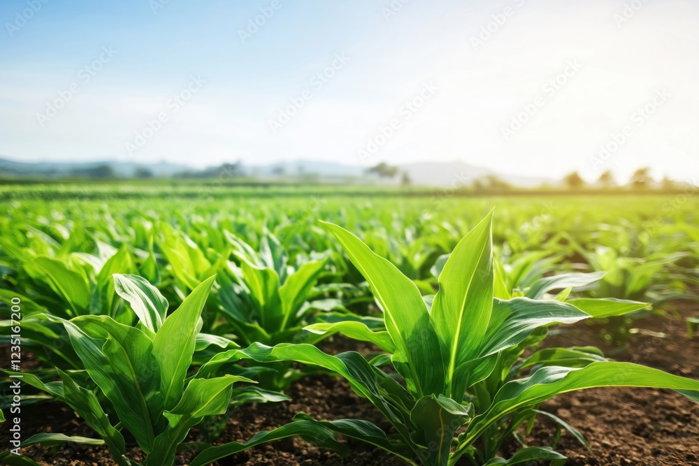Fototapeta premium Farmers are actively working on organic farming methods, nurturing crops in a vibrant, green landscape with sunlight illuminating the fields