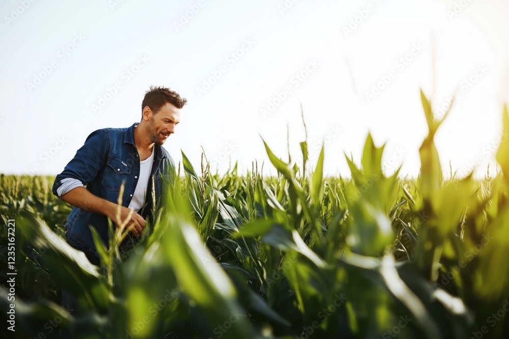 Farmers work diligently in a cornfield using organic practices during the golden hour at a rural farm Farmers work diligently in a cornfield using organic practices during the golden hour at a rural farm