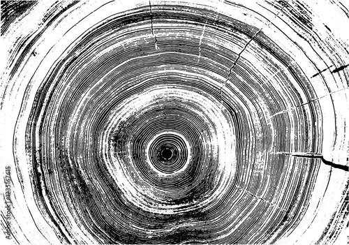 Gray ink stamp impression of end grain of wood slab. Tree rings art with texture and cracked surface.