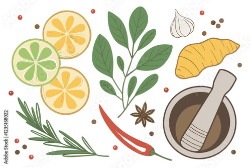  Vibrant fresh ingredients, herbs and spices, overhead view, white background, high-resolution photography, colorful citrus fruits, aromatic herbs, pungent spices, ginger root, garlic cloves, red chil