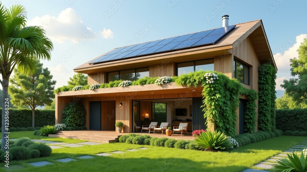 A solar-powered smart home features a rooftop garden and large solar panels in an eco-friendly urban setting. A solar-powered smart home features a rooftop garden and large solar panels in an eco-friendly urban setting.
