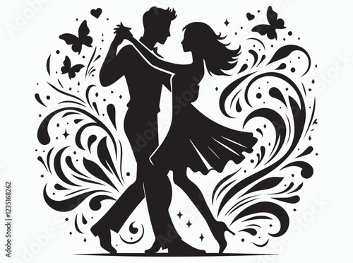 Romantic Dance Couple Silhouette Elegant Ballroom Waltz Vector Illustration with Floral and Butterfly Design