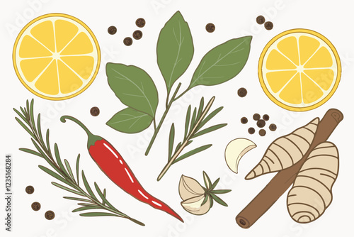  Vibrant fresh ingredients, herbs and spices, overhead view, white background, high-resolution photography, colorful citrus fruits, aromatic herbs, pungent spices, ginger root, garlic cloves, red chil