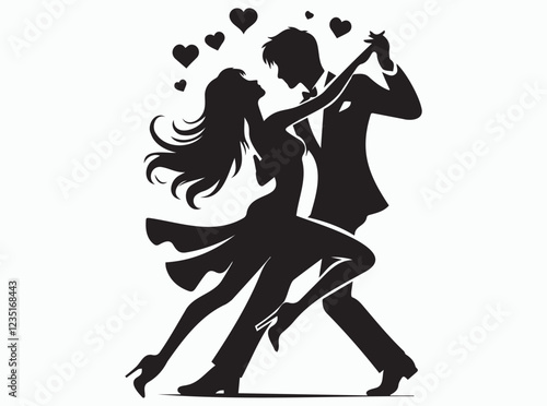 Romantic Dance Couple Silhouette Elegant Ballroom Waltz Vector Illustration with Floral and Butterfly Design