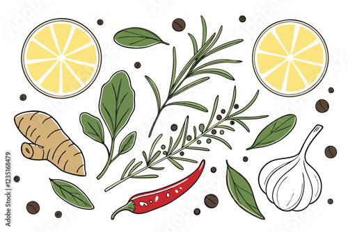  Vibrant fresh ingredients, herbs and spices, overhead view, white background, high-resolution photography, colorful citrus fruits, aromatic herbs, pungent spices, ginger root, garlic cloves, red chil