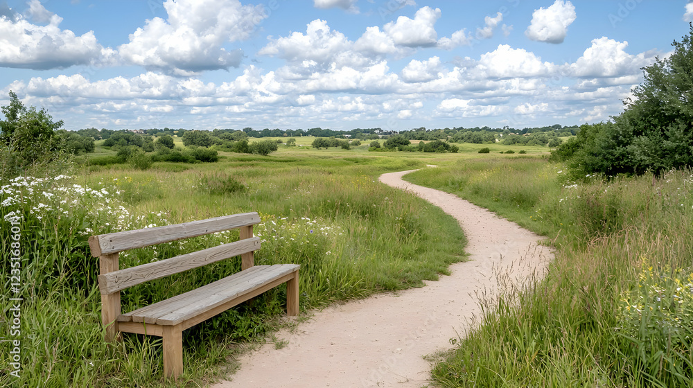 Park bench path summer meadow landscape, relaxation Park bench path summer meadow landscape, relaxation