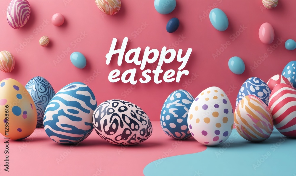Decorated easter eggs celebrating the spring religious holiday with a happy easter greeting on a pink and blue background Decorated easter eggs celebrating the spring religious holiday with a happy easter greeting on a pink and blue background