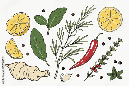  Vibrant fresh ingredients, herbs and spices, overhead view, white background, high-resolution photography, colorful citrus fruits, aromatic herbs, pungent spices, ginger root, garlic cloves, red chil