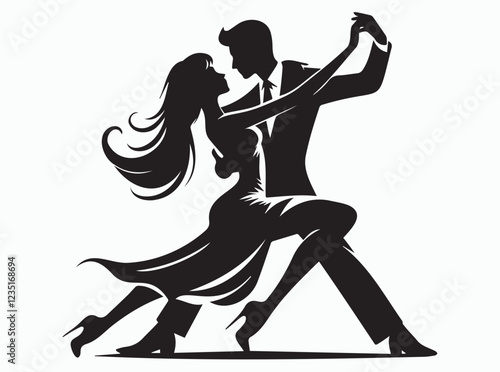 Romantic Dance Couple Silhouette Elegant Ballroom Waltz Vector Illustration with Floral and Butterfly Design