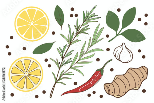 Vibrant fresh ingredients, herbs and spices, overhead view, white background, high-resolution photography, colorful citrus fruits, aromatic herbs, pungent spices, ginger root, garlic cloves, red chil