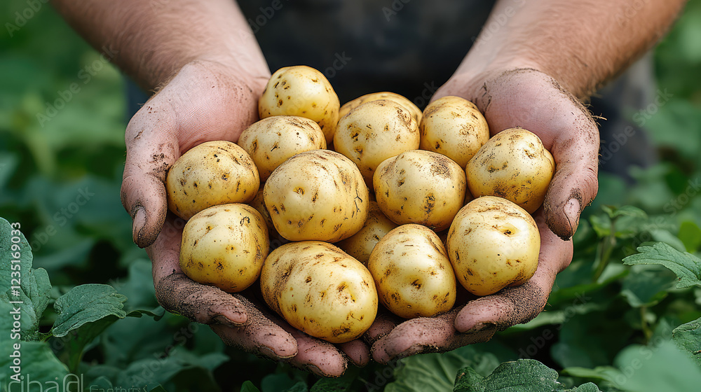 Hands holding freshly harvested organic potatoes