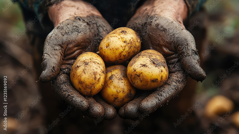 Hands holding freshly harvested organic potatoes Hands holding freshly harvested organic potatoes