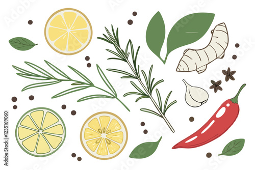  Vibrant fresh ingredients, herbs and spices, overhead view, white background, high-resolution photography, colorful citrus fruits, aromatic herbs, pungent spices, ginger root, garlic cloves, red chil