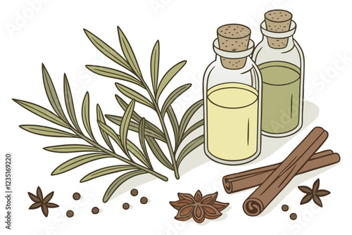 Flat lay photography, essential oils, glass bottles with cork stoppers, fresh herbs, green leaves, rosemary sprigs, sage leaves, thyme sprigs, cinnamon sticks, dried spices, natural ingredients, aroma