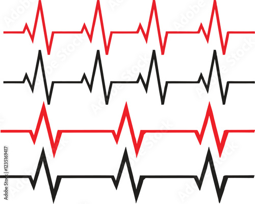 Red and Black Heartbeat Line Vector Pattern for Medical Designs, Heart beat pulse icon vector. Heart cardiogram line icon set, on white background. Pulse, ecg, ekg, hertbeat, graph concept. Vector