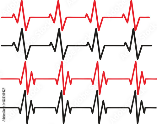 Red and Black Heartbeat Line Vector Pattern for Medical Designs, Heart beat pulse icon vector. Heart cardiogram line icon set, on white background. Pulse, ecg, ekg, hertbeat, graph concept. Vector