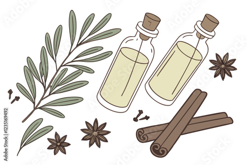 Flat lay photography, essential oils, glass bottles with cork stoppers, fresh herbs, green leaves, rosemary sprigs, sage leaves, thyme sprigs, cinnamon sticks, dried spices, natural ingredients, aroma