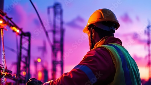 Man in hard hat silhouette working at large power plant with electrical engineer in background