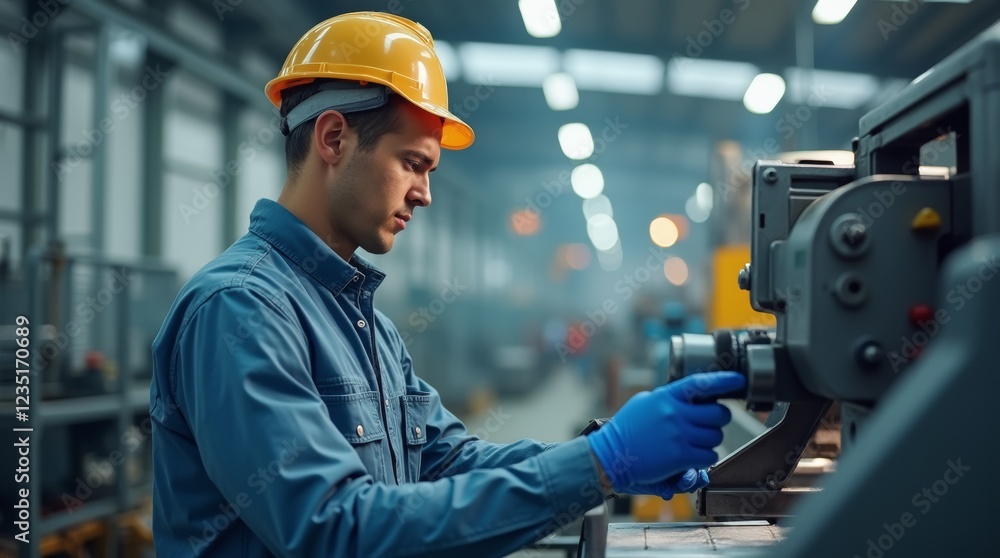 Factory worker in a modern manufacturing facility operating machinery, dressed in protective gear with a focused expression, industrial setting with clean, bright lighting. Factory worker in a modern manufacturing facility operating machinery, dressed in protective gear with a focused expression, industrial setting with clean, bright lighting.