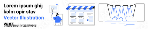 Man holding chart with data, storefront with website interface, and abstract waterfall chart. Ideal for e-commerce, tech startups, digital marketing, data visualization, business presentations, web