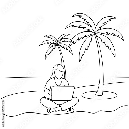 Outline illustration of a person working on a laptop on the beach under palm trees, remote work concept