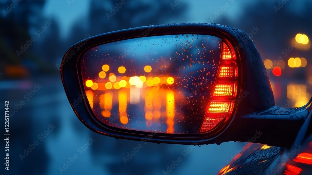 A car's rear view mirror is wet and blurry, reflecting the lights of the street A car's rear view mirror is wet and blurry, reflecting the lights of the street