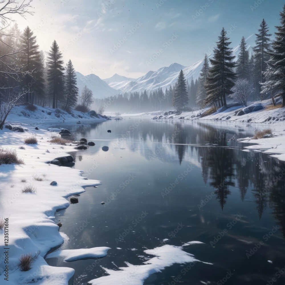 Frozen lake with snowflakes falling gently in the background of a winter landscape , calm and quiet , frozen lake, serene atmosphere Frozen lake with snowflakes falling gently in the background of a winter landscape , calm and quiet , frozen lake, serene atmosphere