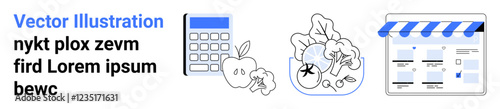 Calculator next to apples, vegetables in a bowl, and a web store interface. Ideal for financial planning, healthy eating, budgeting, nutrition, online shopping, wellness and lifestyle themes